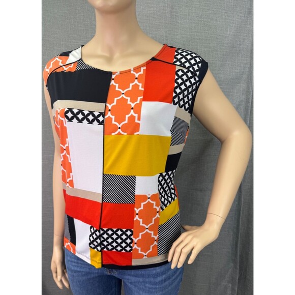 Worthington Women's Size 2X Sleeveless Patchwork Top Orange White Black Yellow - Picture 3 of 8